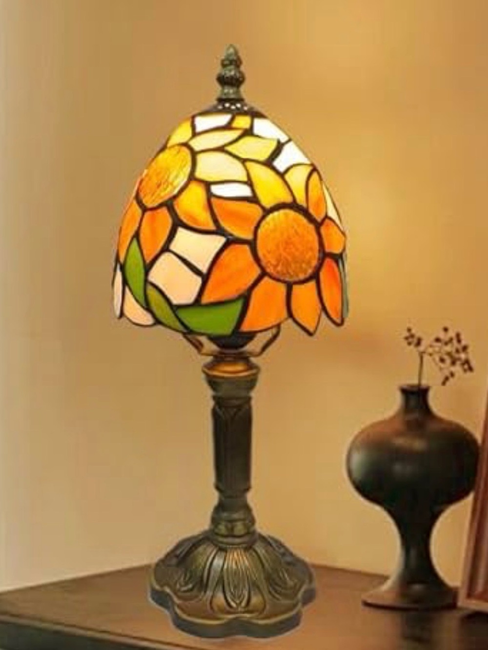 Sunflower Tiffany Style Table Lamp Stained Glass Dimmable 14.5”